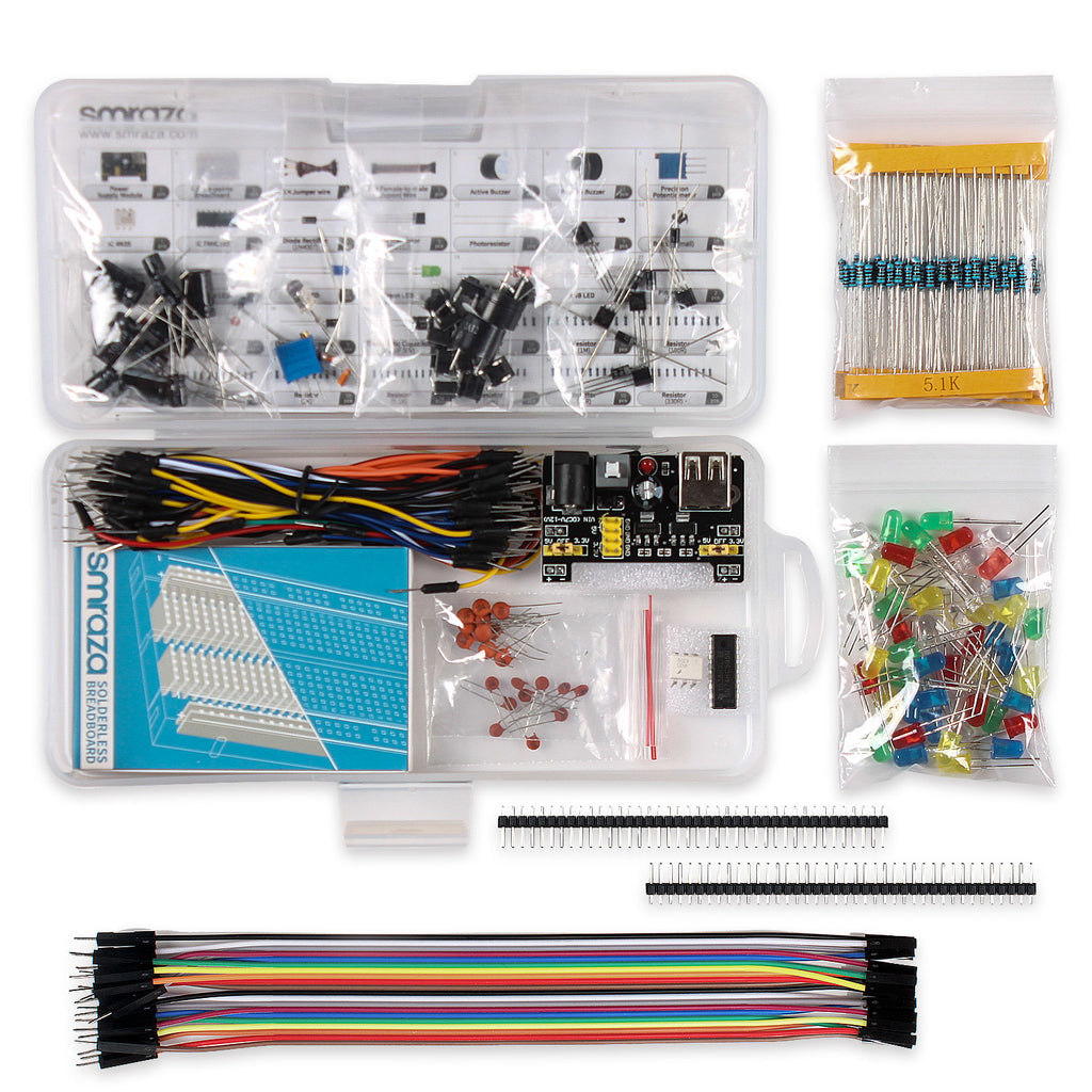Smraza Basic Starter Kit with Breadboard, Power Supply, Jumper Wires, Resistors, LED