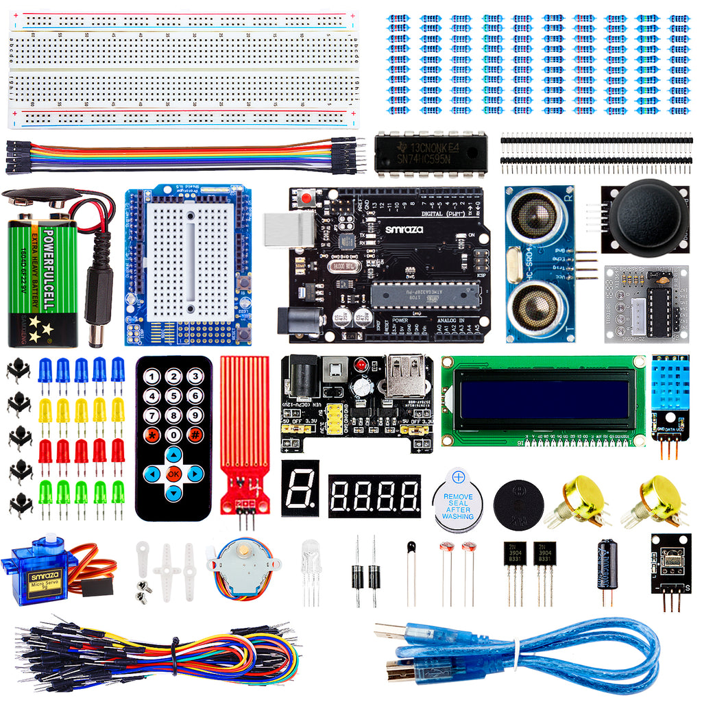 Smraza Super Starter Kit with Breadboard, Power Supply, Jumper Wires, Resistors, LED, LCD 1602, Sensors, Detailed Tutorial for Project, Compatible with Arduino-S26