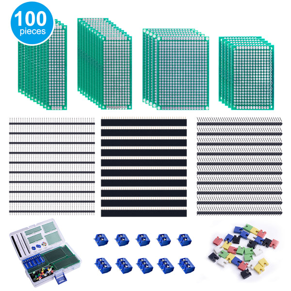 Smraza 100 Pcs Double Sided PCB Board Kit for DIY Soldering and Electronic Project Compatible with Arduino Kits, Include 30 Pcs Prototype Boards, 30 Pcs 40 Pin 2.54mm Male and Female Header Connector-S36