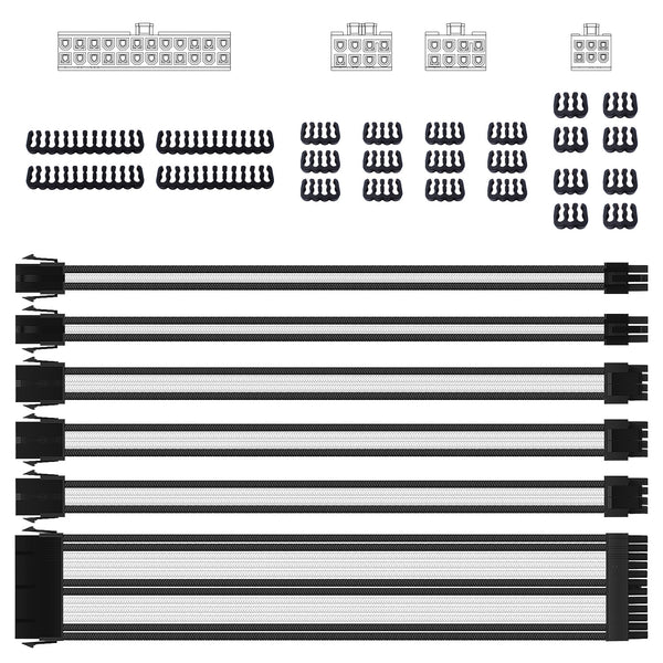 Smraza Sleeved Cable Extension Kit for Power Supply with Extra Sleeved, PSU Connectors, 24-Pin 8-Pin 6-Pin 4+4-Pin with Cable Combs (11.8 inch/ 30cm)(White & Black)-SC21