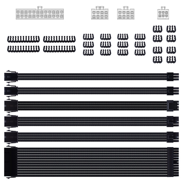 Smraza Sleeved Cable Set -Cable Extension Kit for Power Supply with 24pin 8pin 6pin 4+4pin with Combs(11.8 inch/30CM) Black-SC22