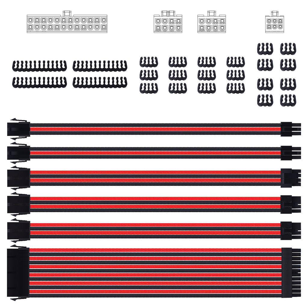 Smraza Sleeved Cable Extension Kit for Power Supply with Extra Sleeved, PSU Connectors, 24-Pin 8-Pin 6-Pin 4+4-Pin with Cable Combs(11.8 inch/ 30cm) (Red & Black)-SC23