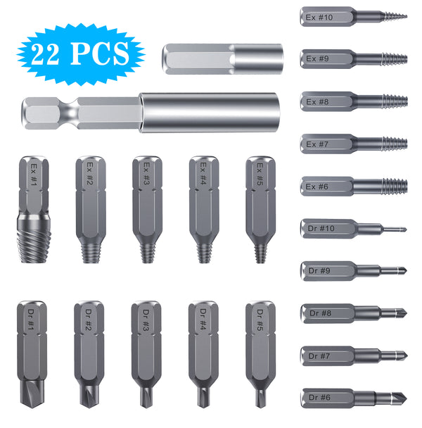 Smraza Damaged Screw Extractor Set Stripped Screw Extractor Kit with Drills and Extractor HSS Broken Bolt Screw Remover Tool with Magnetic Extension Bit Holder & Socket Adapter for Broken Screw 22pcs-SG07