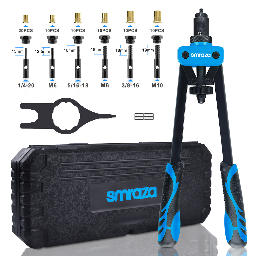 Smraza 14'' Rivet Nut Tool with 70 PCS Rivnuts, Professional Rivet Nut Setter Kit, Hand Riveter with 7 PCS Metric & Inch Mandrels, and Rugged Carrying Case M6 M8 M10, 1/4-20, 5/16-18, 3/8-16-SG10