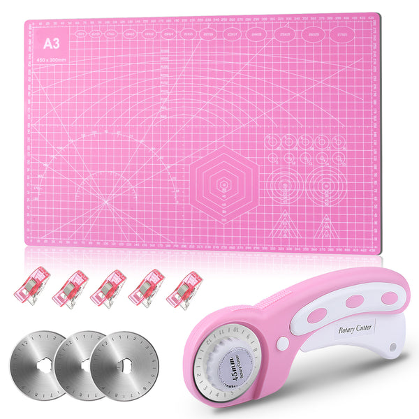 Smraza Rotary Cutter Set, Quilting Kit with 45mm Rotary Fabric Cutter, A3 Self Healing Cutting Mat, 3pcs Replacement Blades and Craft Clips for DIY Crafting, Sewing, Quilting, Patchworking-SG12