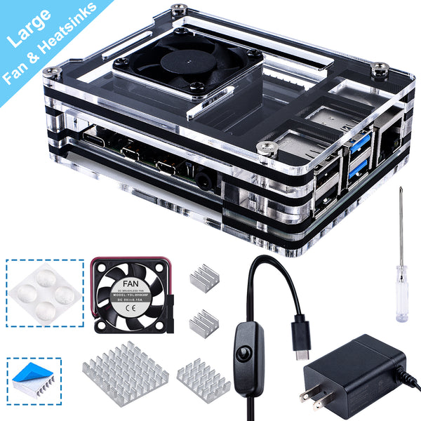 Smraza Acrylic Case for Raspberry Pi 4 B, Case with 35 x 35 mm Cooling Fan, 4PCS Heatsinks, 5V 3A USB-C Power Supply for Raspberry Pi 4 Model B (Upgrade, Large Fan and Large Heat Sinks)-SW13-4B