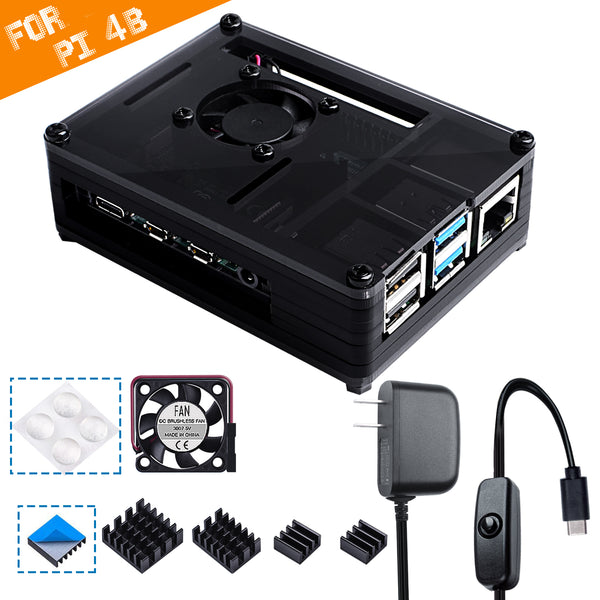 Smraza Compatible with Raspberry Pi 4 Case, Acrylic Case with Cooling Fan, 4PCS Heatsinks, 5V 3A USB-C Power Supply for Raspberry Pi 4 Model B (RPI 4 Board Not Included) - Black-SW20-4B