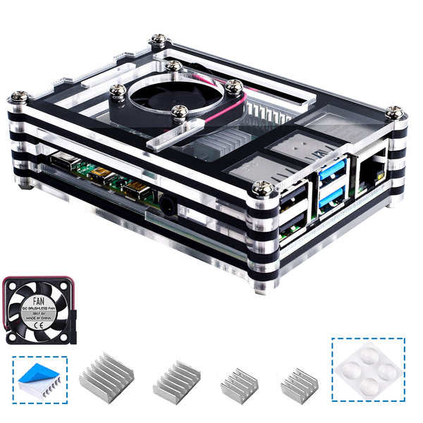 Smraza Case for Raspberry Pi 4 B, Case with Cooling Fan, 4PCS Heatsinks for Raspberry Pi 4 Model B (RPI 4 Board Not Included) - Black and Clear-SW21-4S