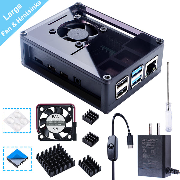 Smraza Acrylic Case for Raspberry Pi 4 Model B, Case with 35 MM Fan, 4PCS Heatsinks, 5V 3A USB-C Power Supply Compatible with Raspberry Pi 4 (Upgrade, Large Fan and Large Heat Sinks) -Black-SW33-4B
