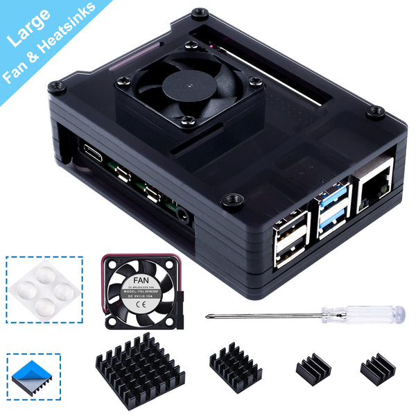 Smraza Compatible with Raspberry Pi 4 Case, Acrylic Case with 35 x 35 mm Cooling Fan, 4PCS Heatsinks for Raspberry Pi 4 Model B (Upgrade, Large Fan and Large Heat Sinks) - Black-SW46-4B