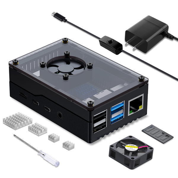 Smraza for Raspberry Pi 4 Case, Raspi 4B Case with Cooling Fan 35MM, 4pcs Heatsinks, 5V 3A USB-C Power Supply for Raspberry Pi 4 Model B RPI 4 8GB/4GB/2GB/1GB-SW52